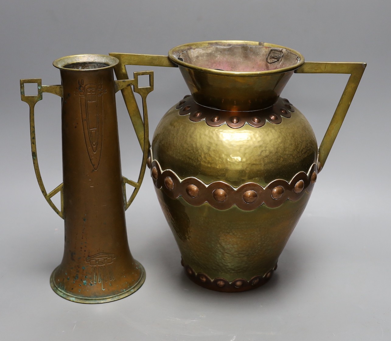 Two Arts & Crafts copper and brass vases, tallest 28cm